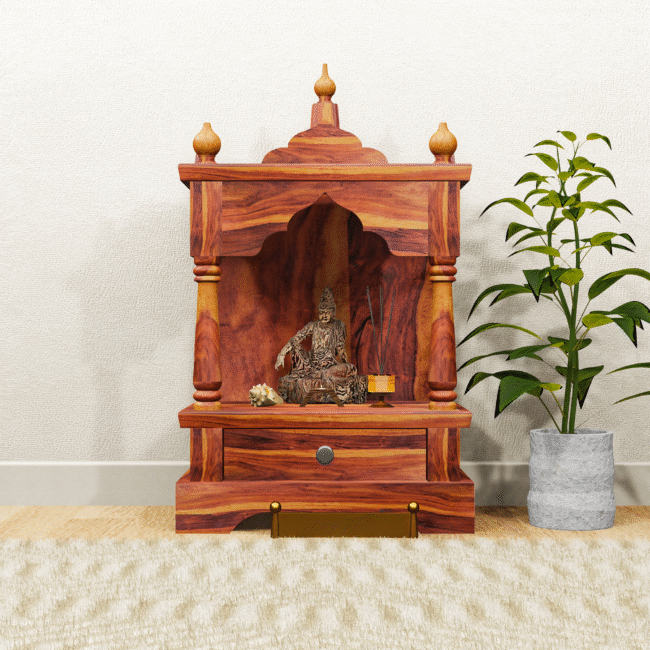 Temple for Home | Wooden Mandir for Pooja | Mandir for Home with Drawer | Traditional Pooja Stand for Home & Office | Handmade Sheesham Wood Mandir with Pillars