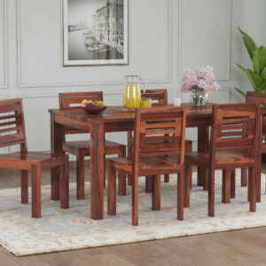 Furniturefly Solid Sheesham Wood 6-Seater Dining Table with Honey Finish in a Modern Dining Room"