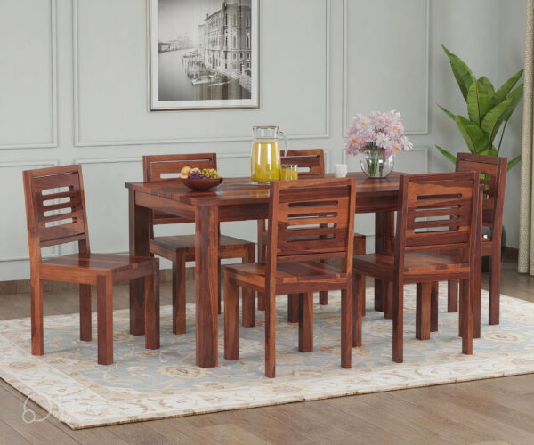 Furniturefly Solid Sheesham Wood 6-Seater Dining Table with Honey Finish in a Modern Dining Room"