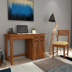 Solid Wood Study Desk with Storage & Designer Chair (Honey Finish)  Description: