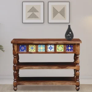 FurnitureFly Solid Sheesham Wood Console Table with Handcrafted Ceramic Tiles