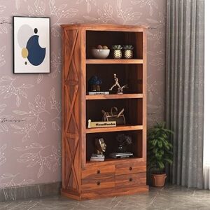 FurnitureFly Solid Sheesham Wood Bookshelf with Drawers